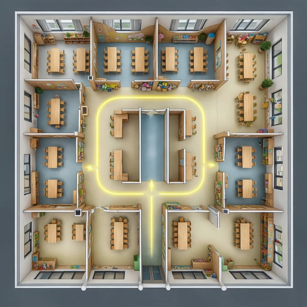 daycare building layout illustrating circulation paths for staff and children