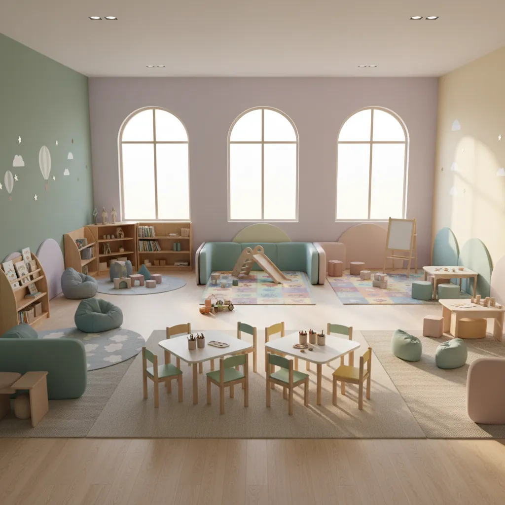 daycare classroom with reading corner play area and tables arranged into zones