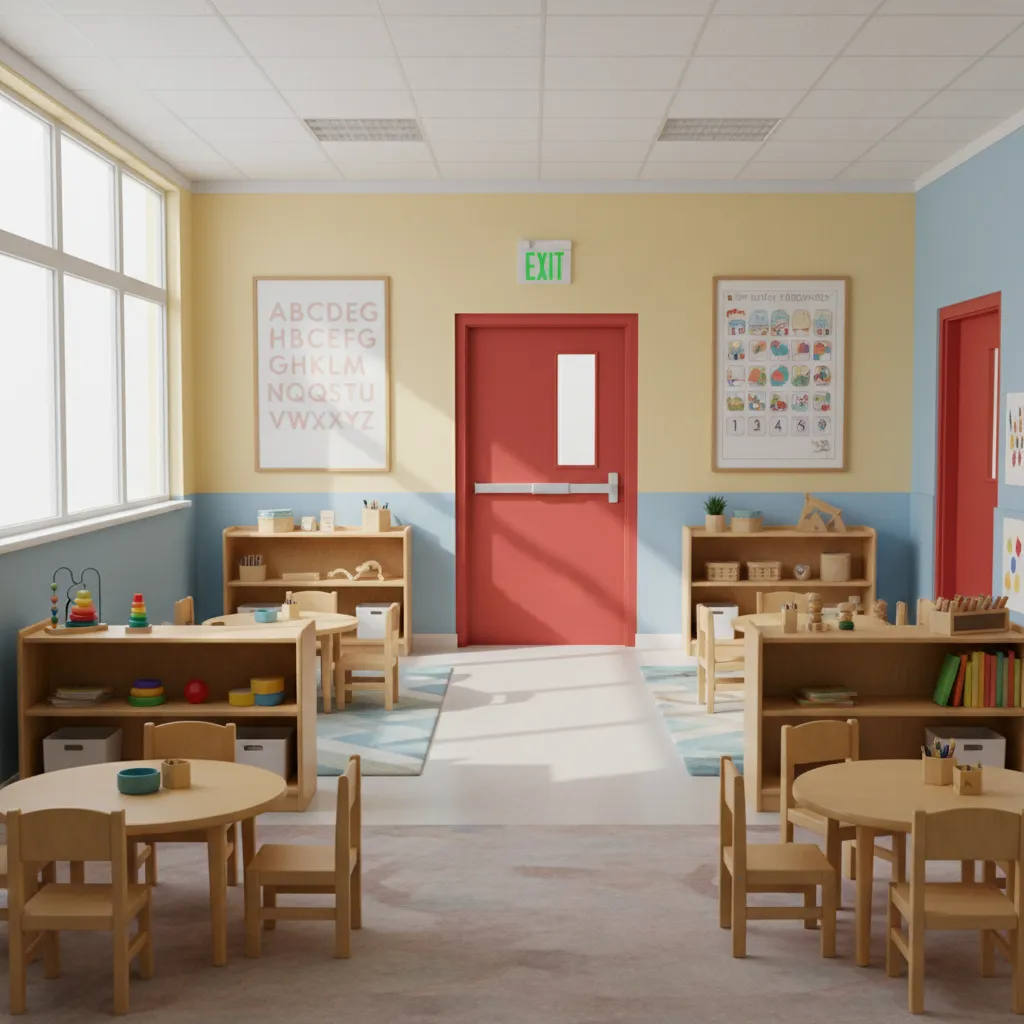daycare classroom with clear emergency exit and unobstructed door pathway