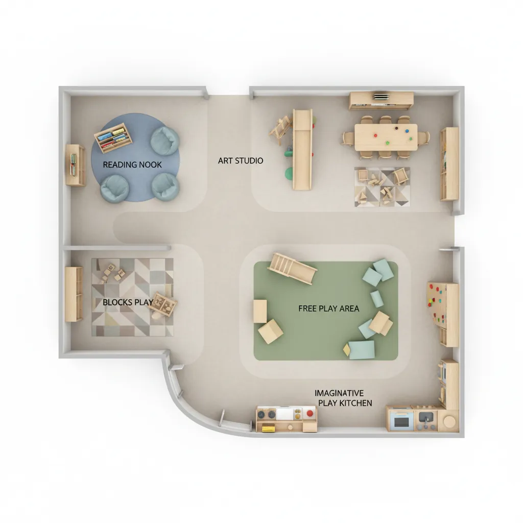 Simple daycare classroom floor plan showing activity zones and circulation paths
