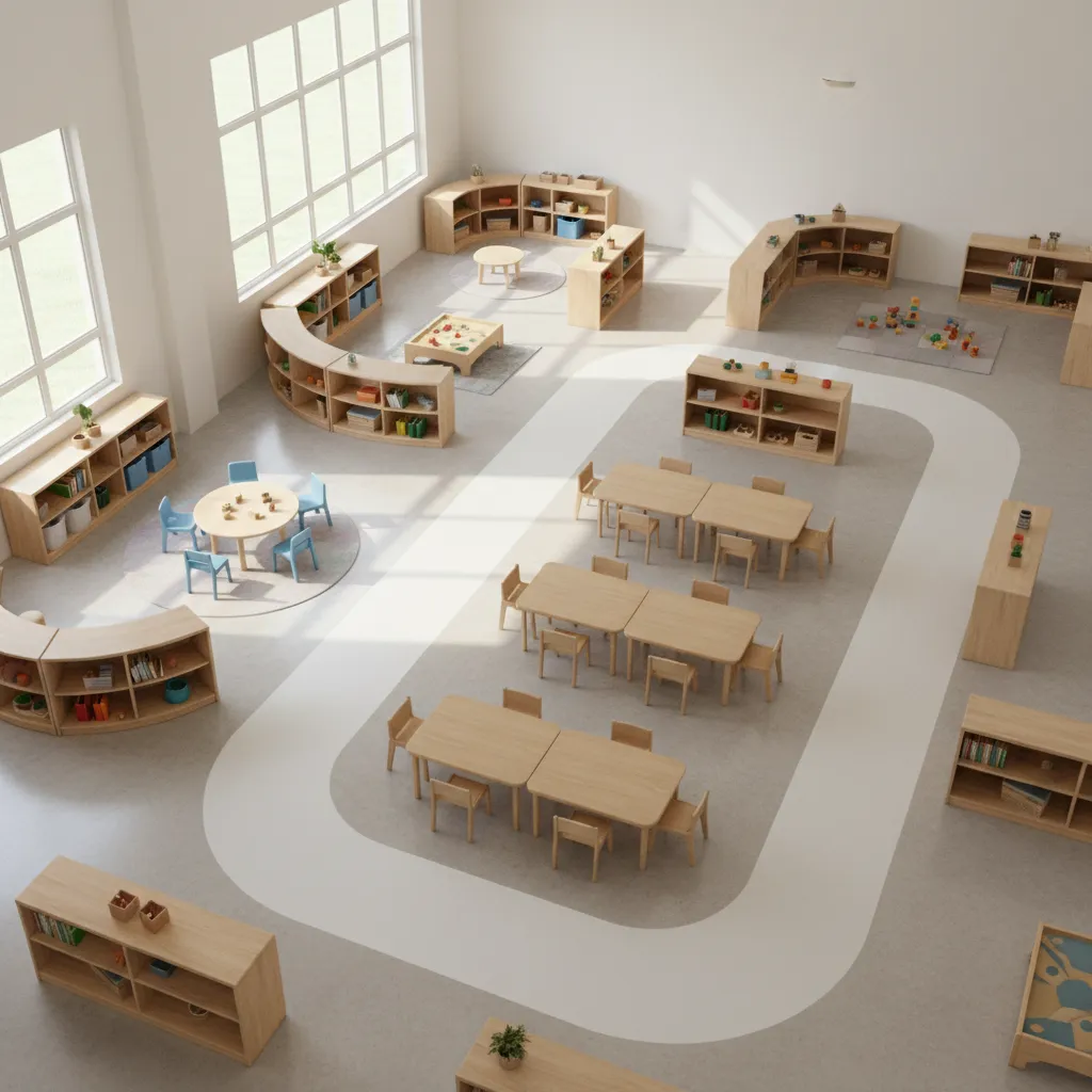 safe furniture placement in a small daycare classroom with open walking paths