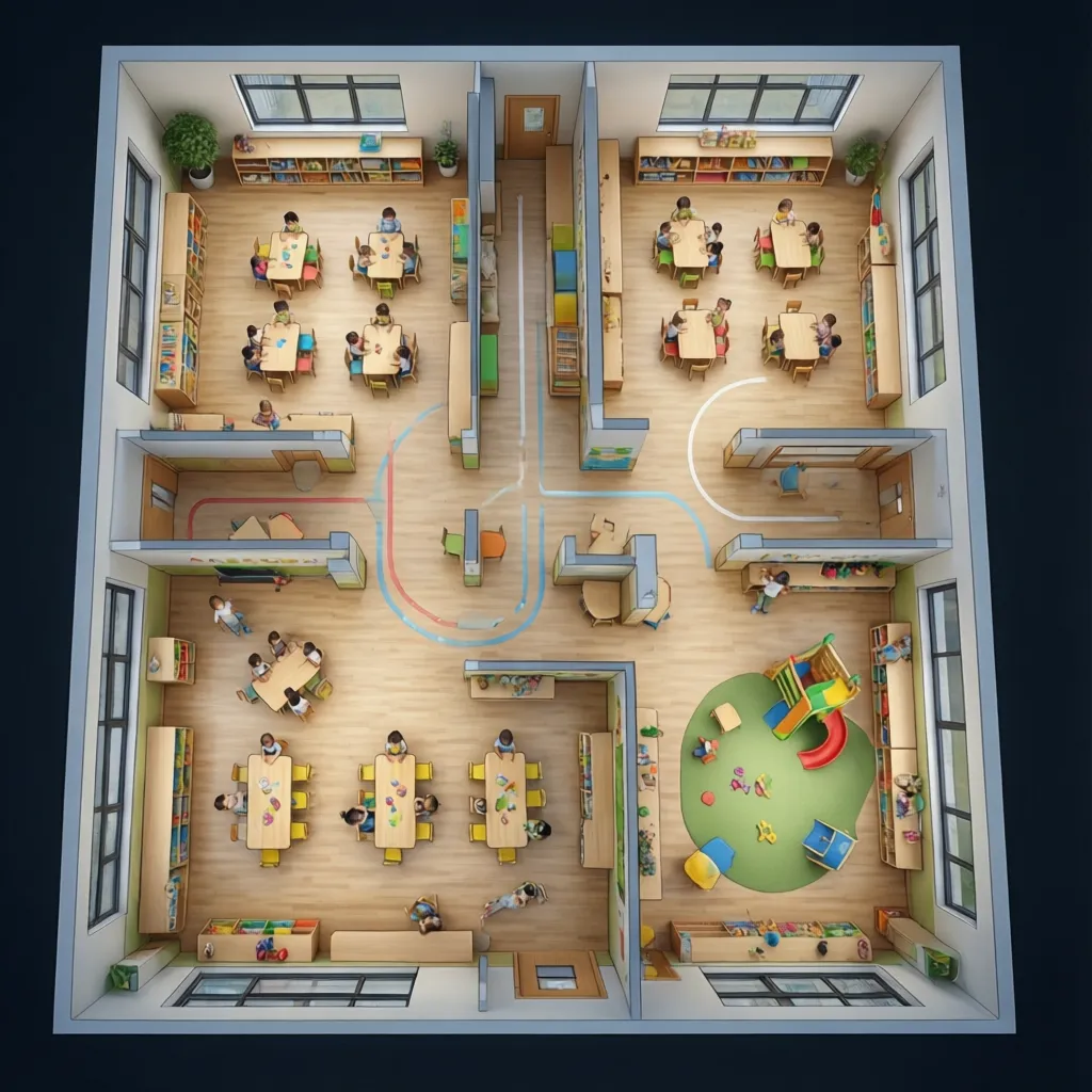 diagram style daycare classroom layout showing square footage per child planning