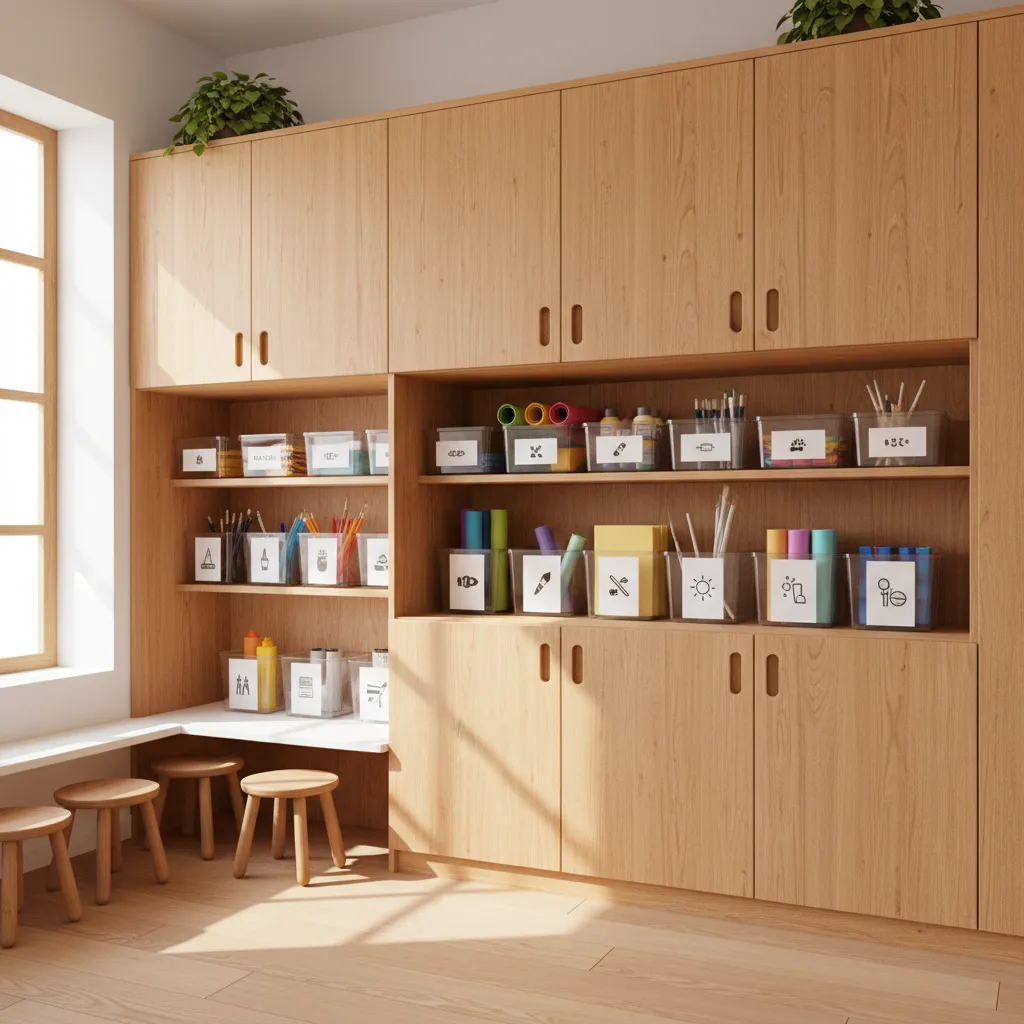 daycare classroom with integrated storage cabinets and organized materials
