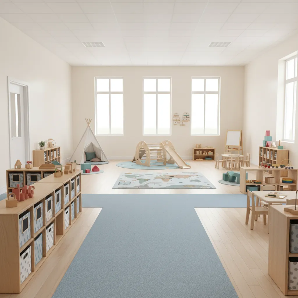 daycare classroom showing clear walking paths and circulation space