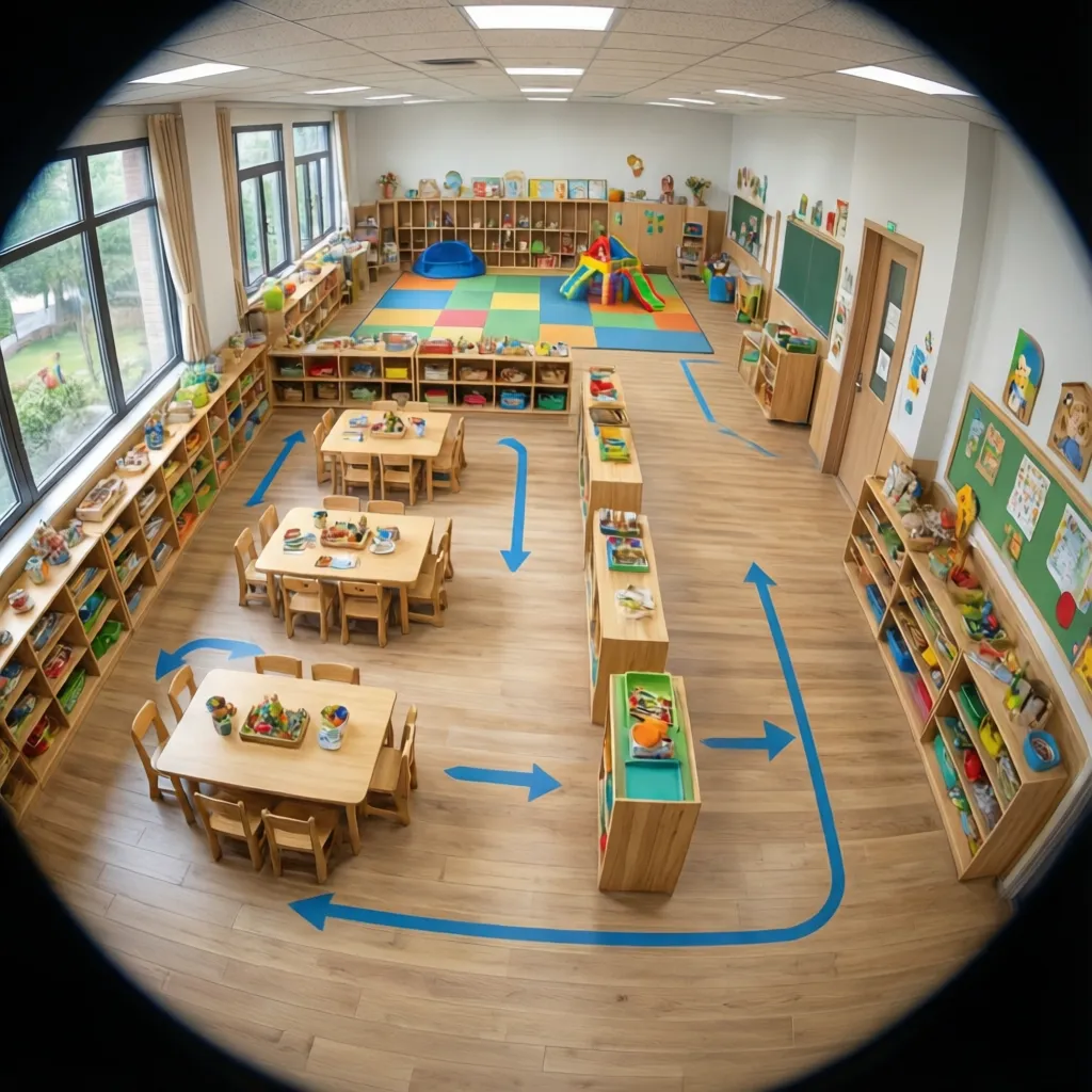 daycare classroom layout showing clear traffic flow paths between activity areas