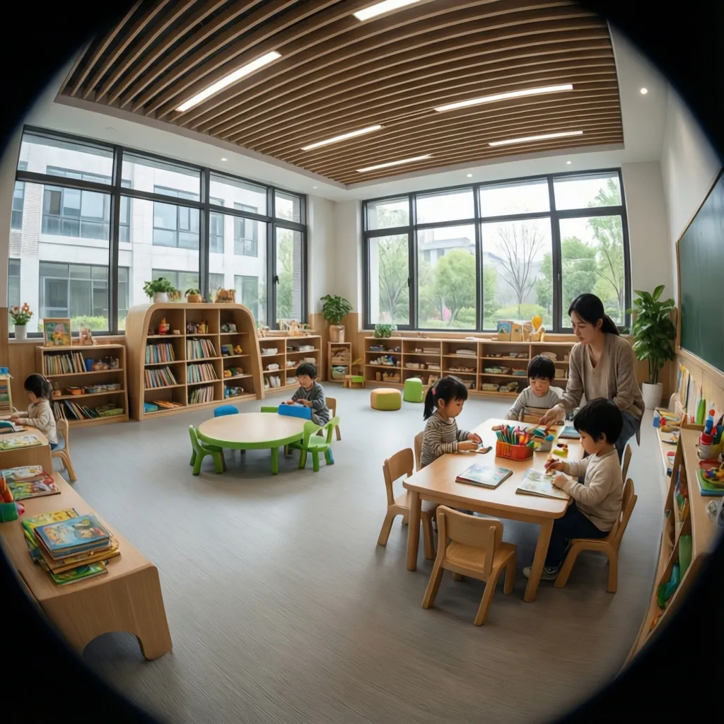 Daycare classroom layout designed for clear supervision across activity zones