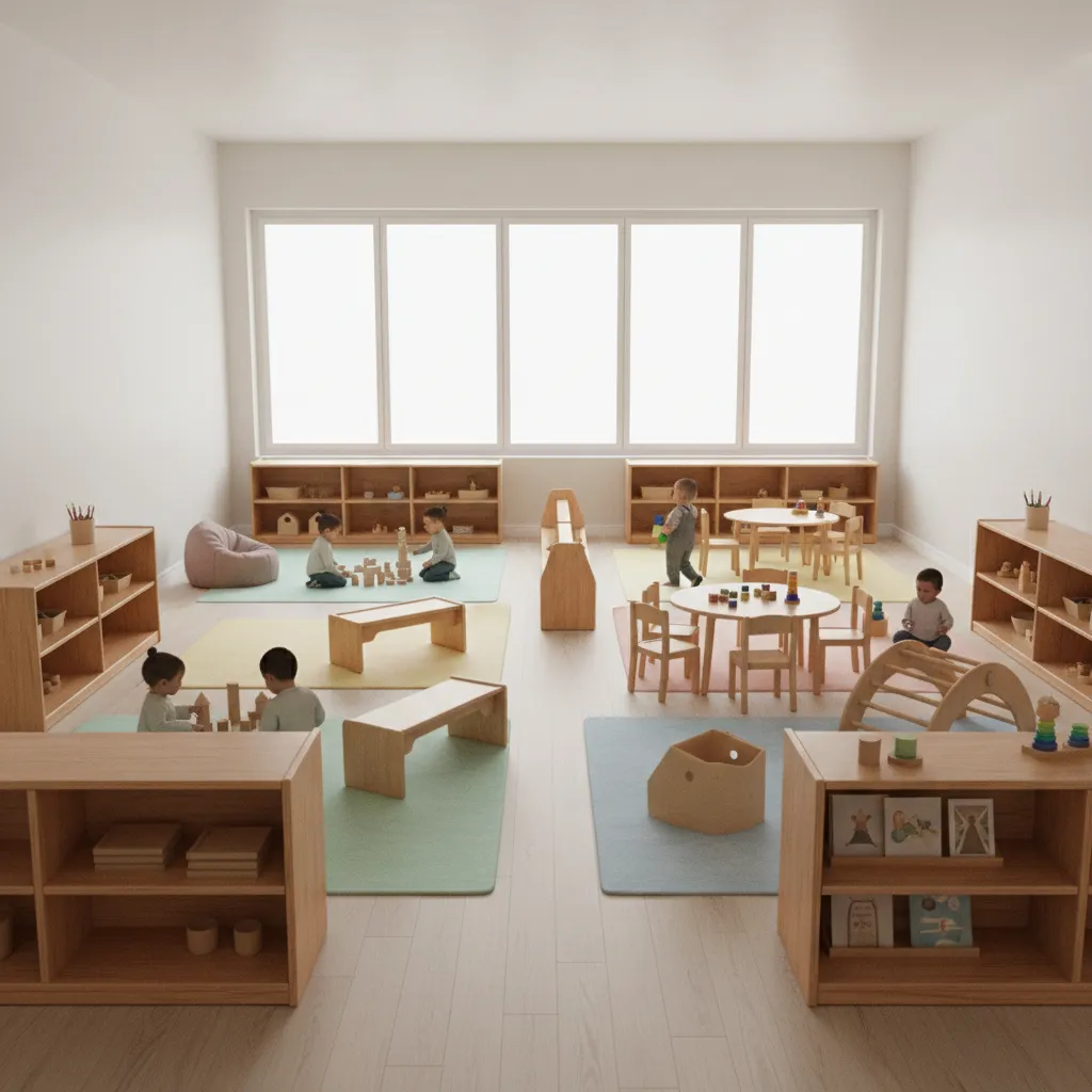 daycare classroom with low storage and clear teacher supervision view