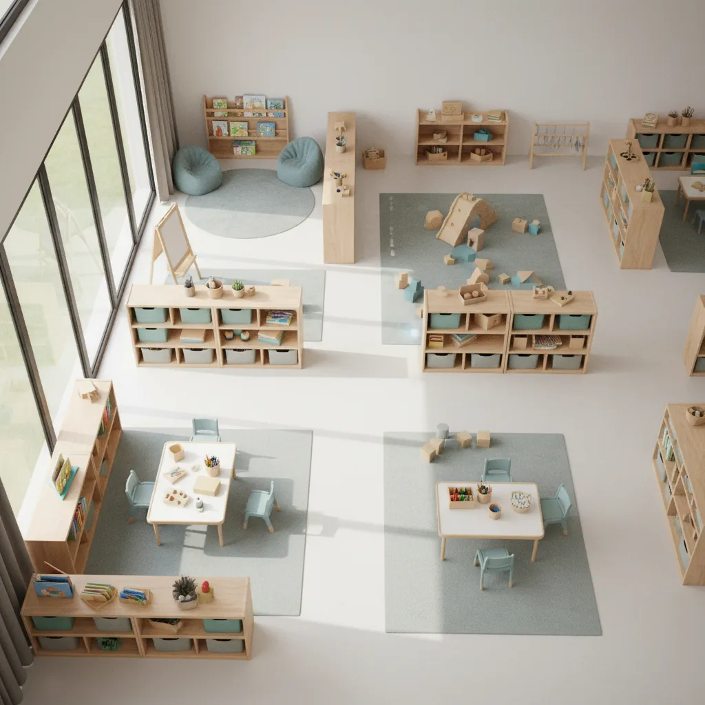 daycare classroom layout with clearly defined learning zones and pathways