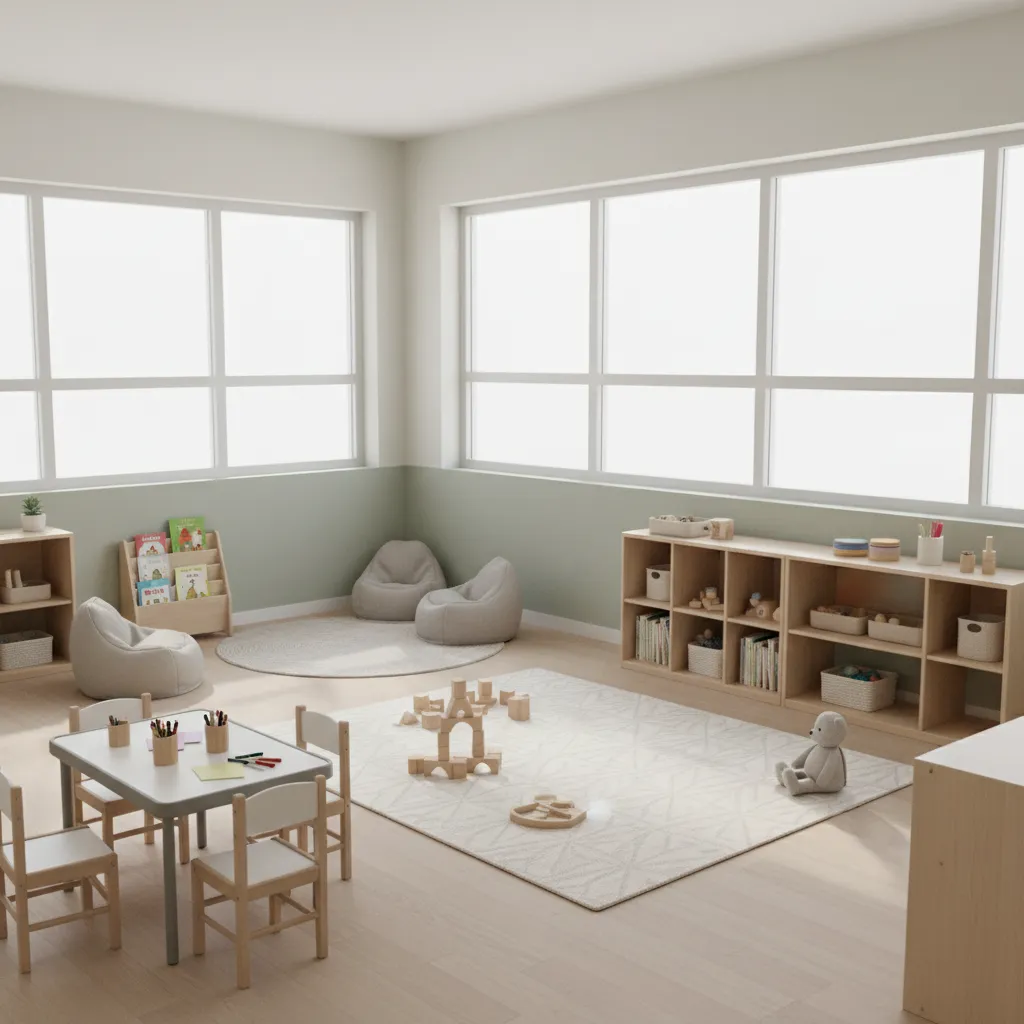 daycare classroom divided into play learning and reading zones