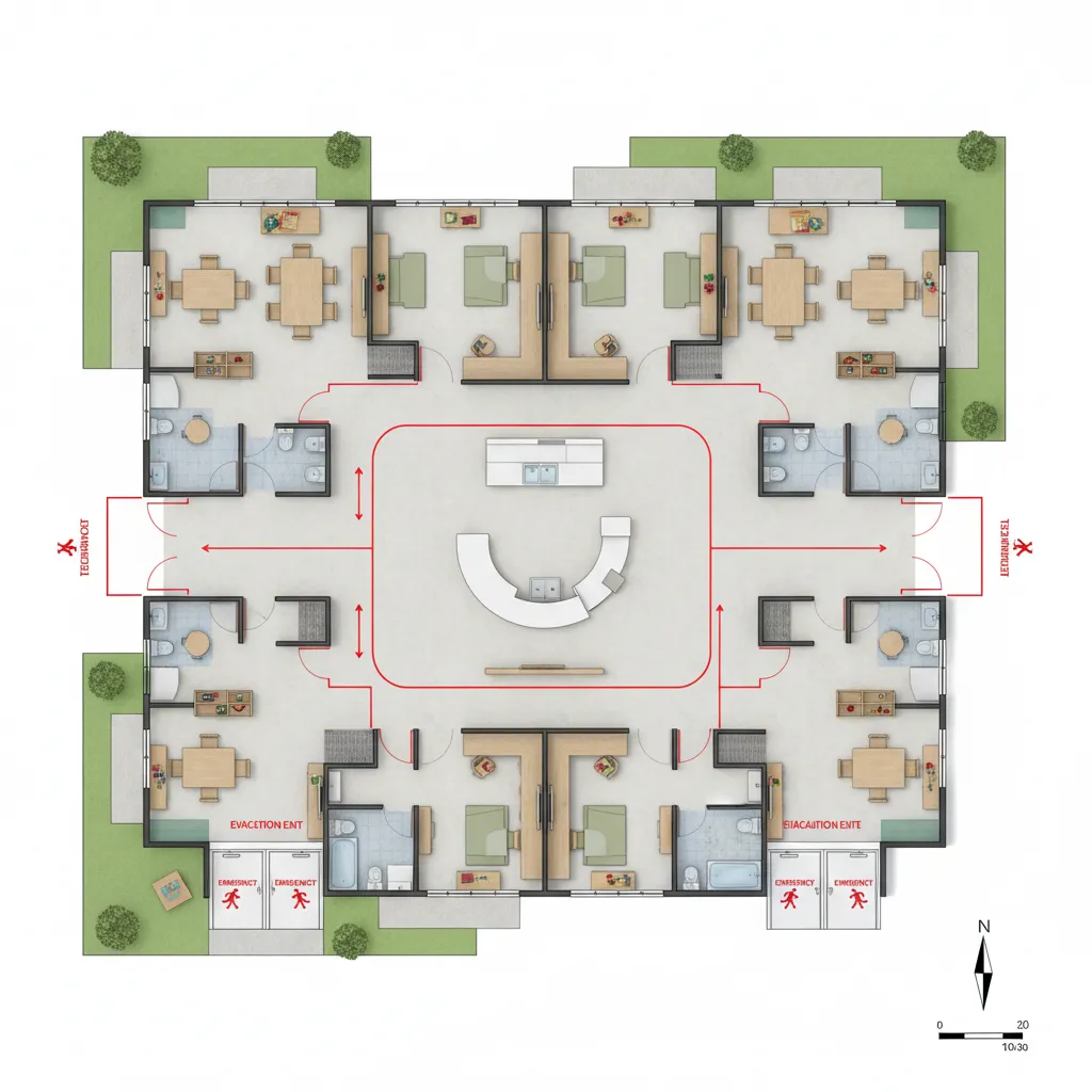 Daycare floor plan highlighting evacuation routes and emergency exits