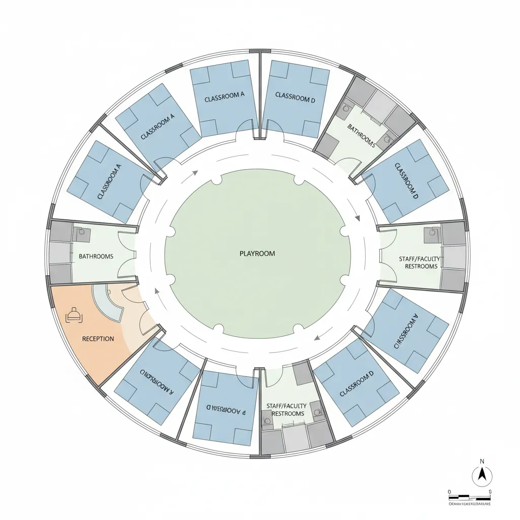 architectural daycare floor plan showing classrooms circulation and play areas