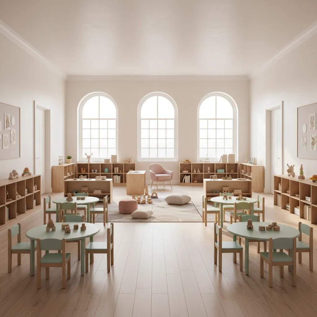 daycare classroom furniture layout with wide walkways and low shelves