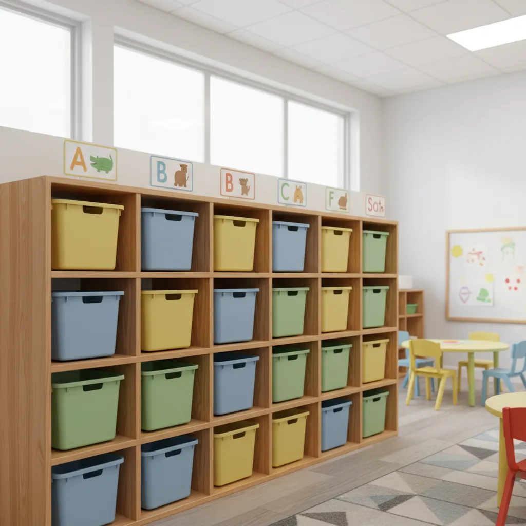 Daycare cubby storage with labeled laundry baskets for each child