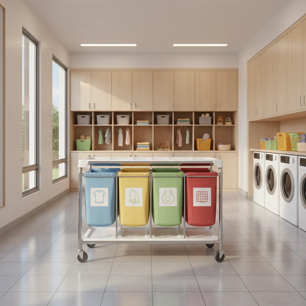 Rolling laundry sorting cart used in daycare facility laundry organization