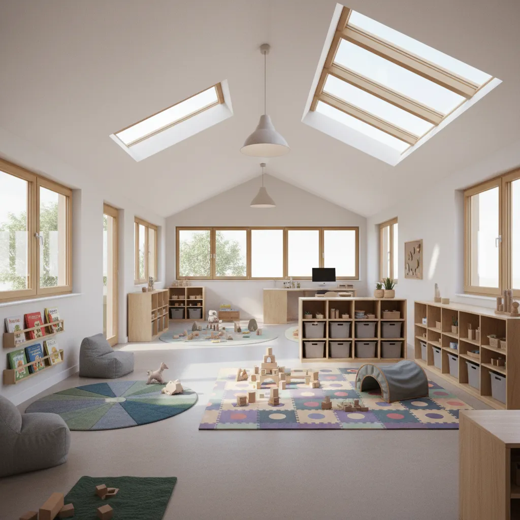 open daycare classroom layout with clear supervision lines