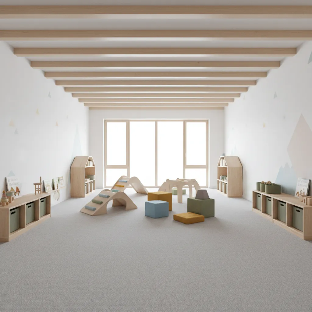 shared indoor play area inside a daycare with soft flooring and climbing toys