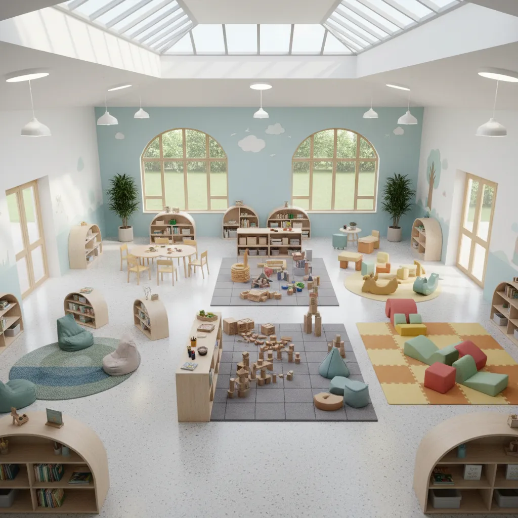 Open daycare layout showing different play zones in one shared space