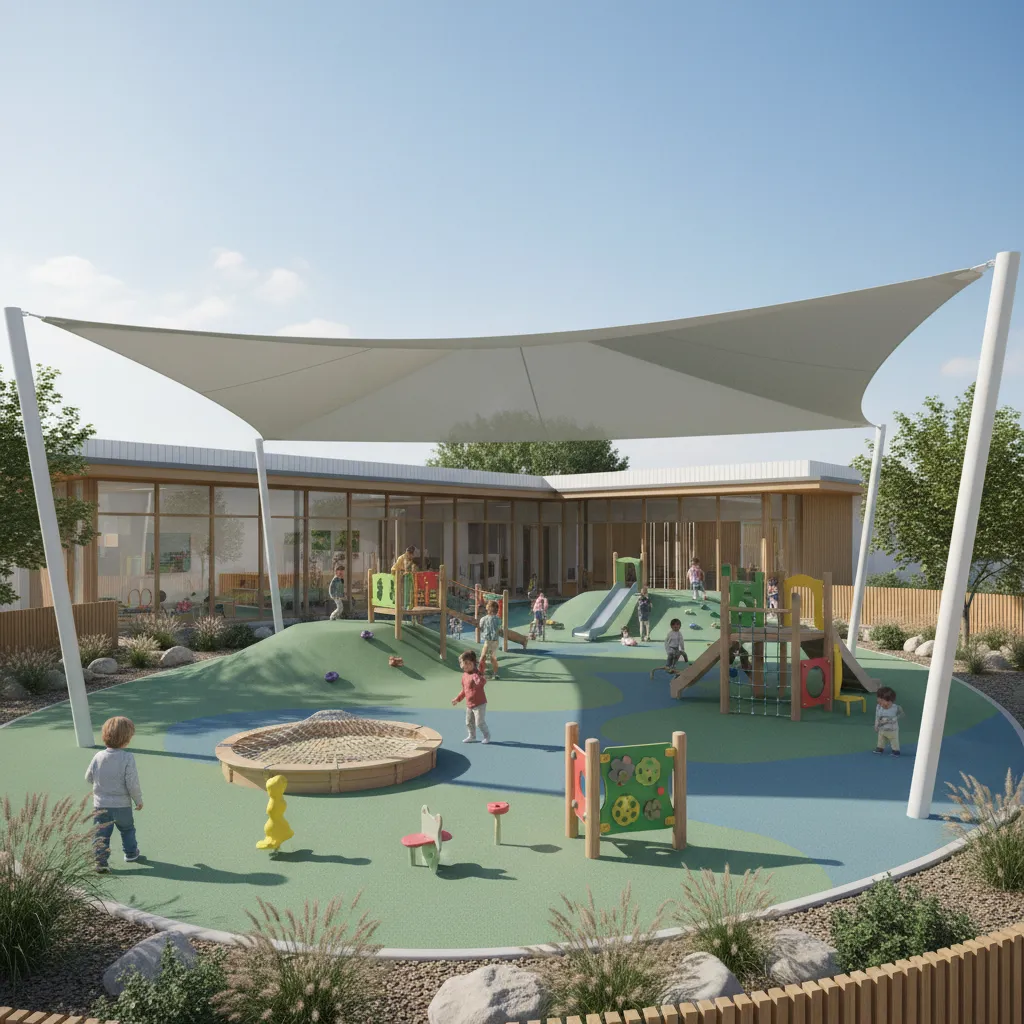 safe daycare outdoor playground connected to classrooms
