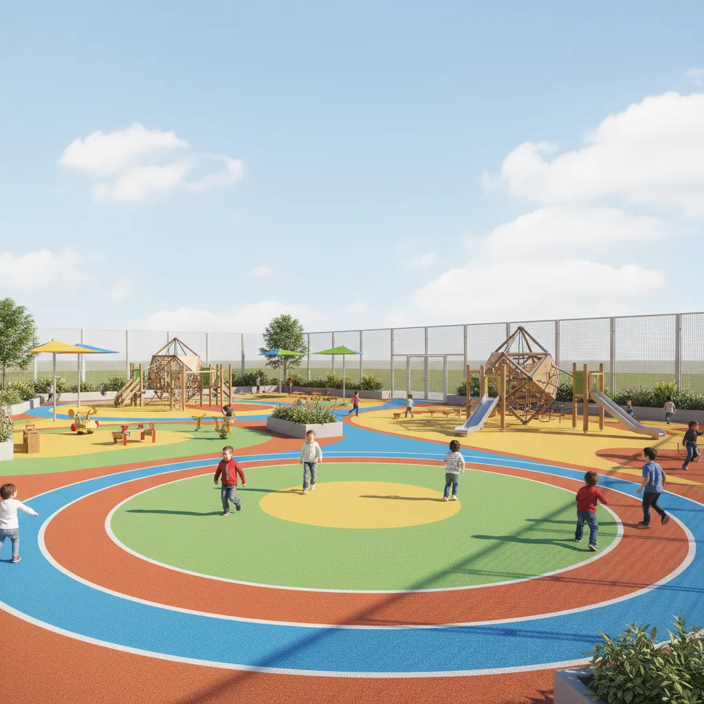 Outdoor daycare playground divided into activity zones for safety