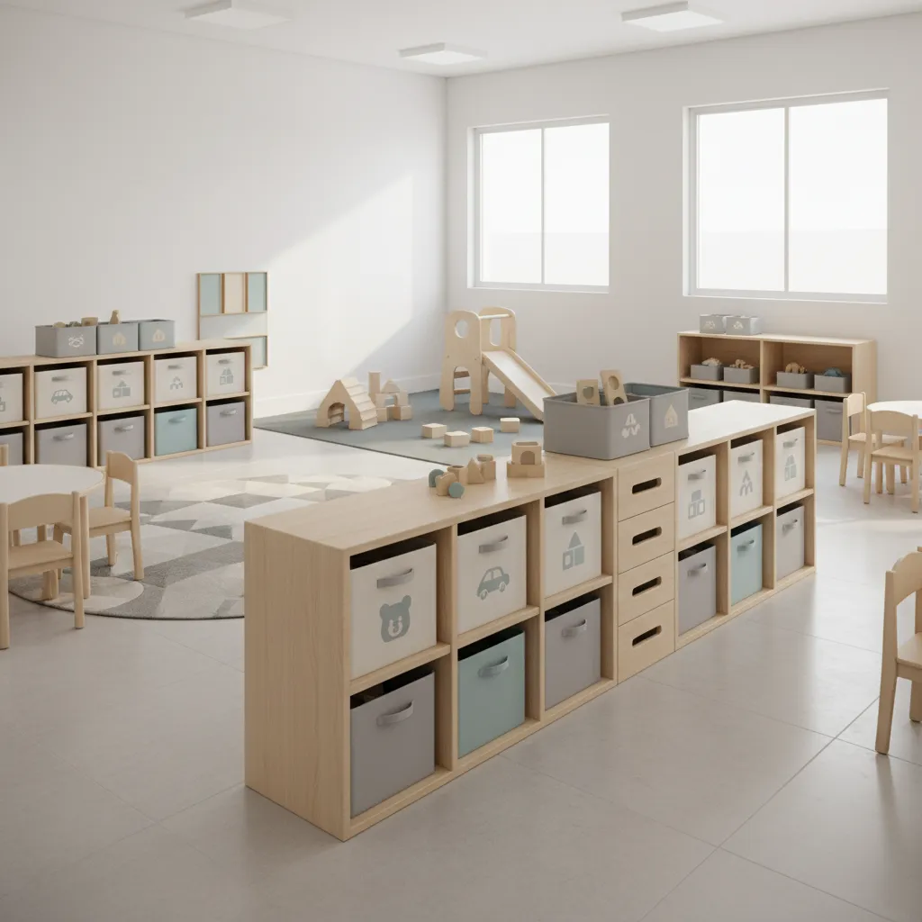 low shelf storage used as divider in a small daycare classroom layout