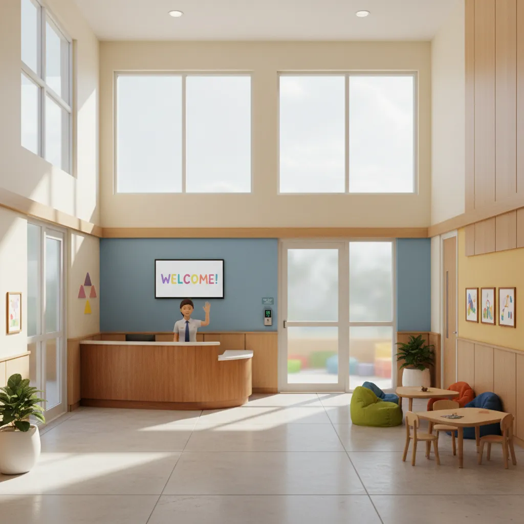 Secure daycare entrance with reception desk and controlled access vestibule