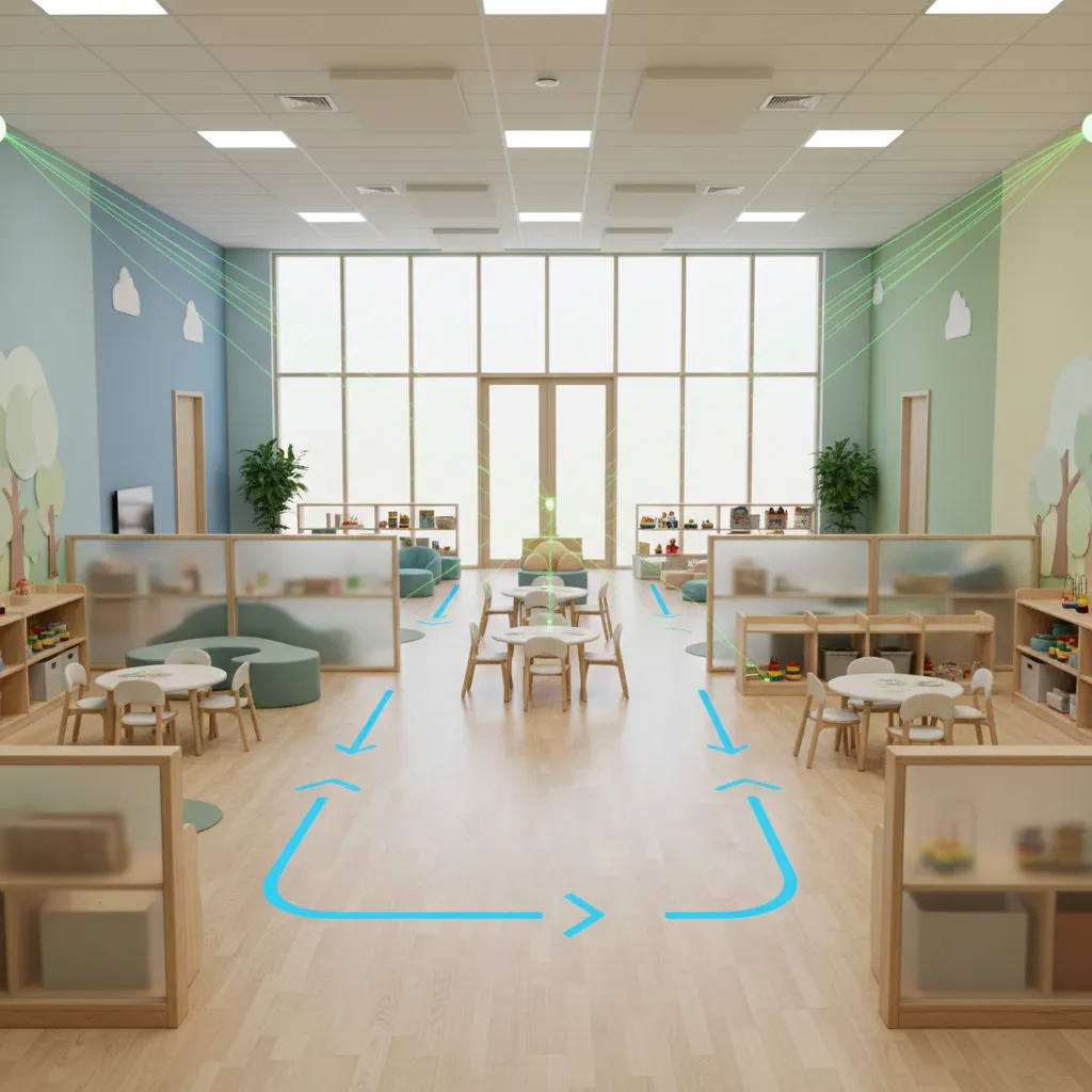 Daycare layout demonstrating supervision sightlines and circulation paths