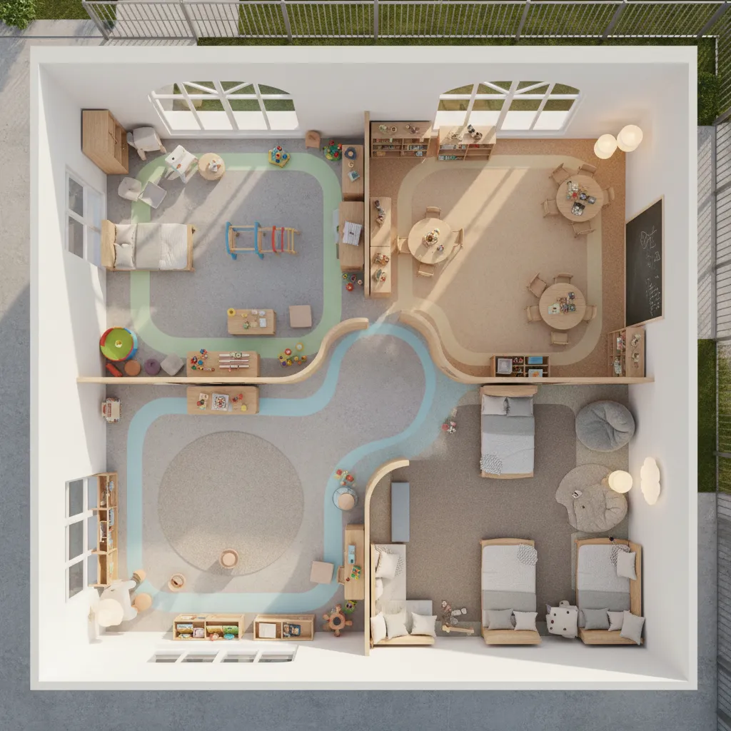 daycare floor layout showing safe circulation paths between activity zones