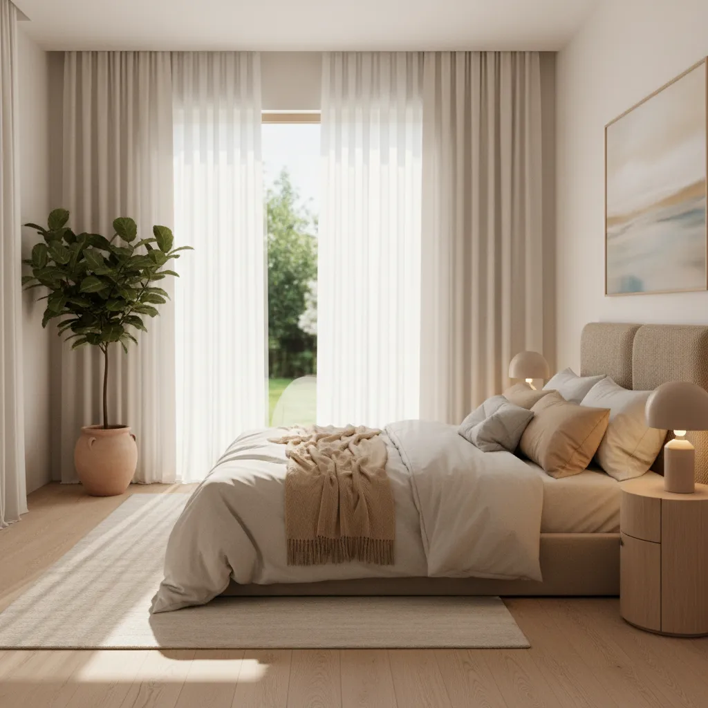 Soft daylight filtering through sheer curtains in a cream curtain bedroom