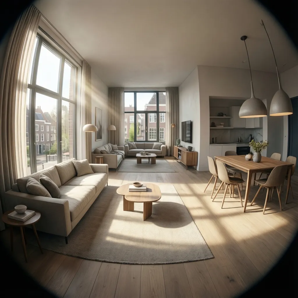 Interior layout showing daylight flowing through open Dutch living space