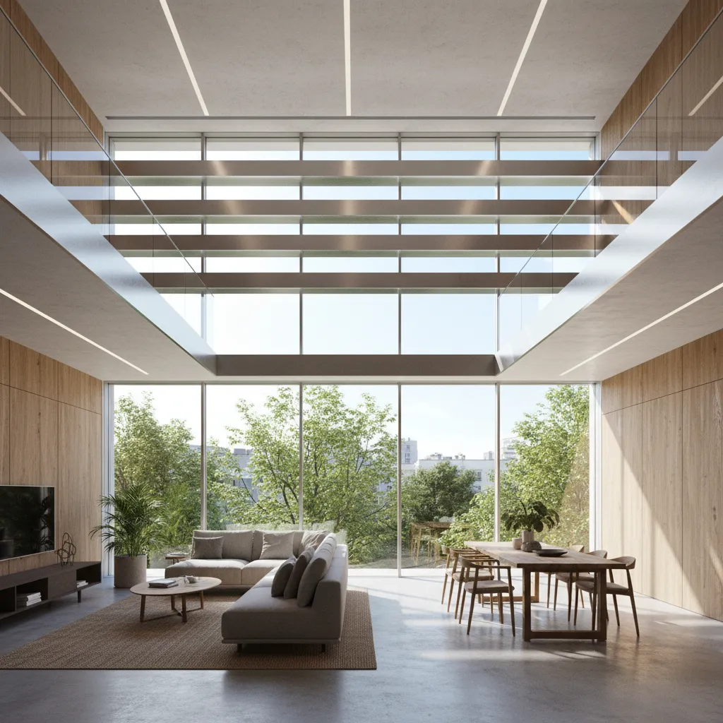 Interior space using daylight integration with large windows and light shelves
