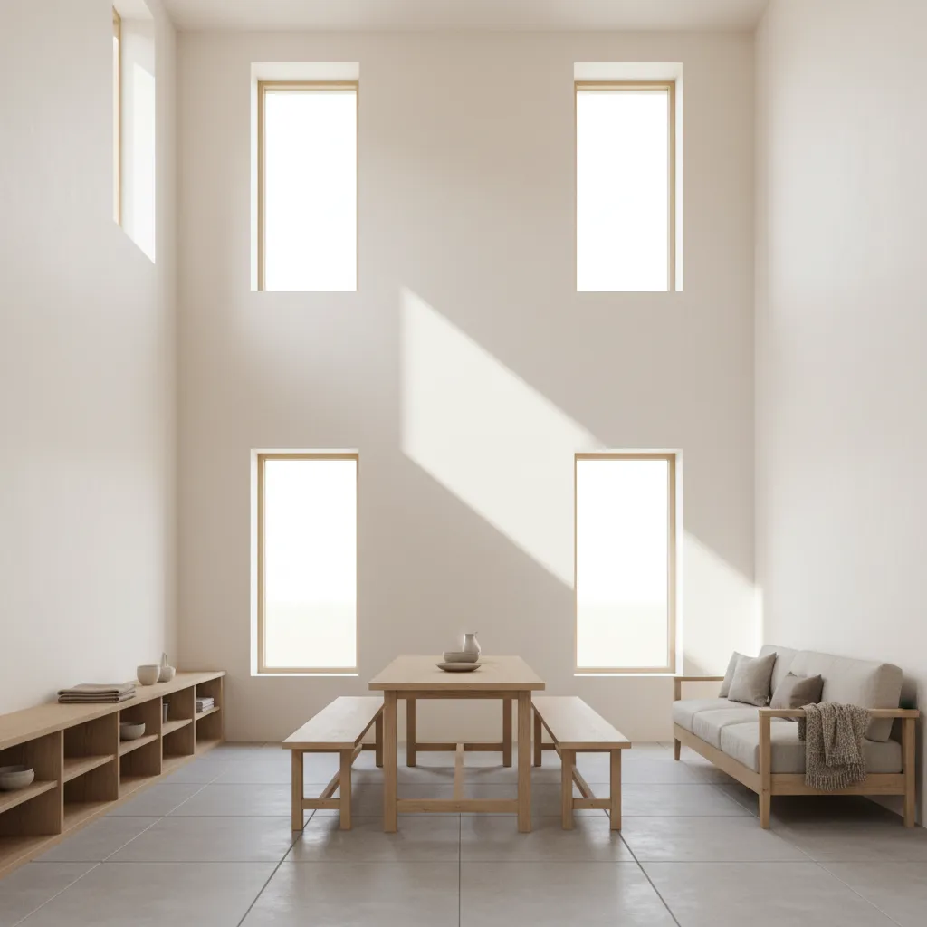 Bright rural home interior demonstrating natural daylight entering through high windows