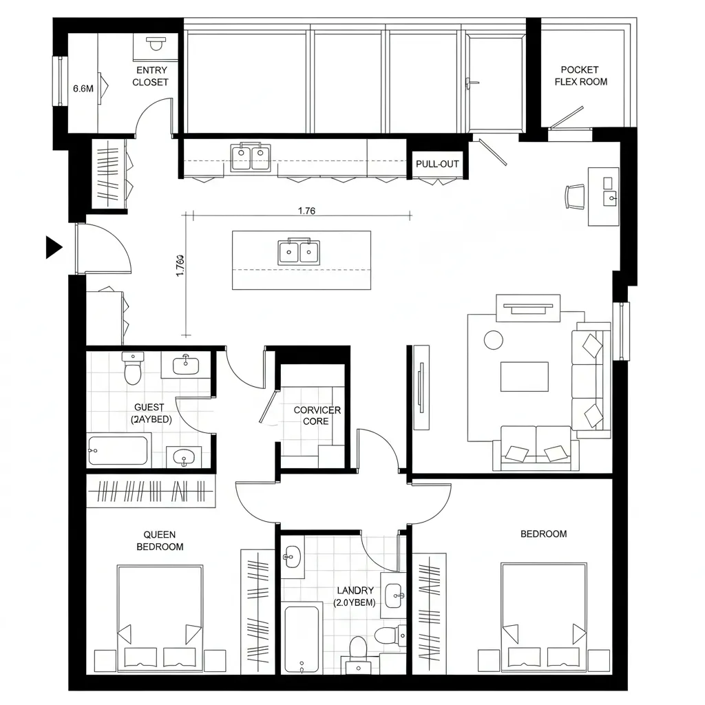 Floor plan with daylight-aligned galley, island, pocket flex room near living