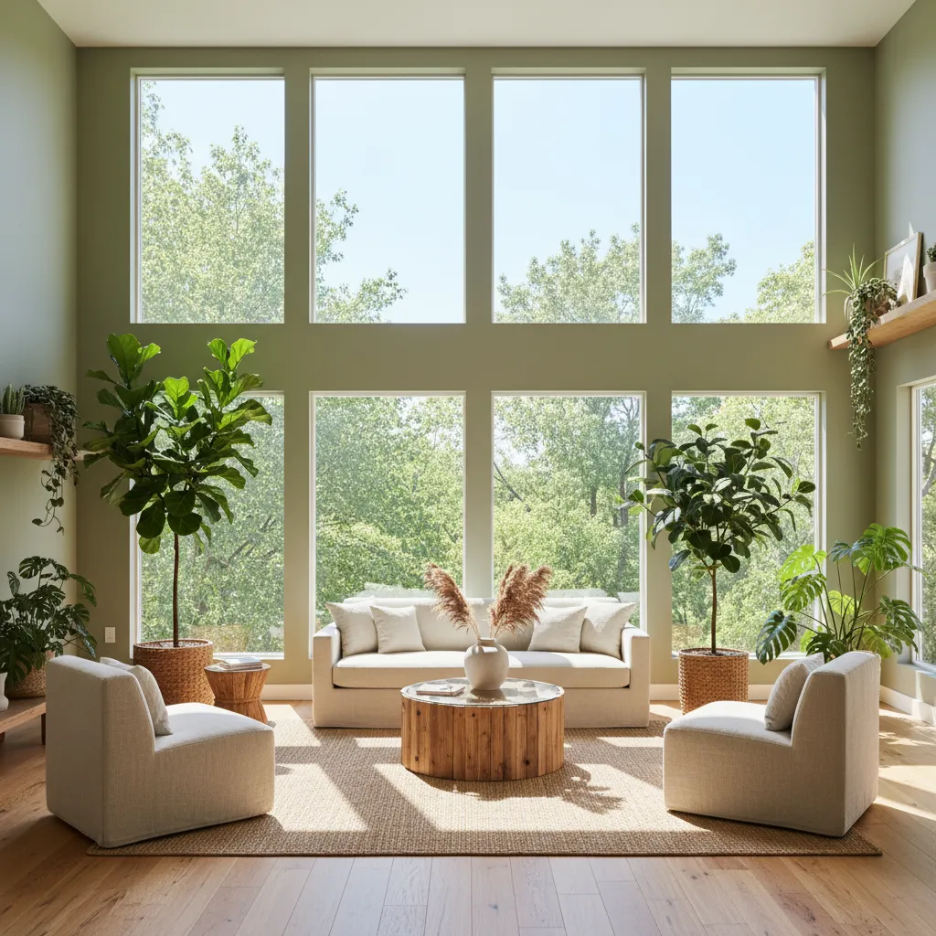 Sala de estar luminosa con grandes ventanas y luz natural