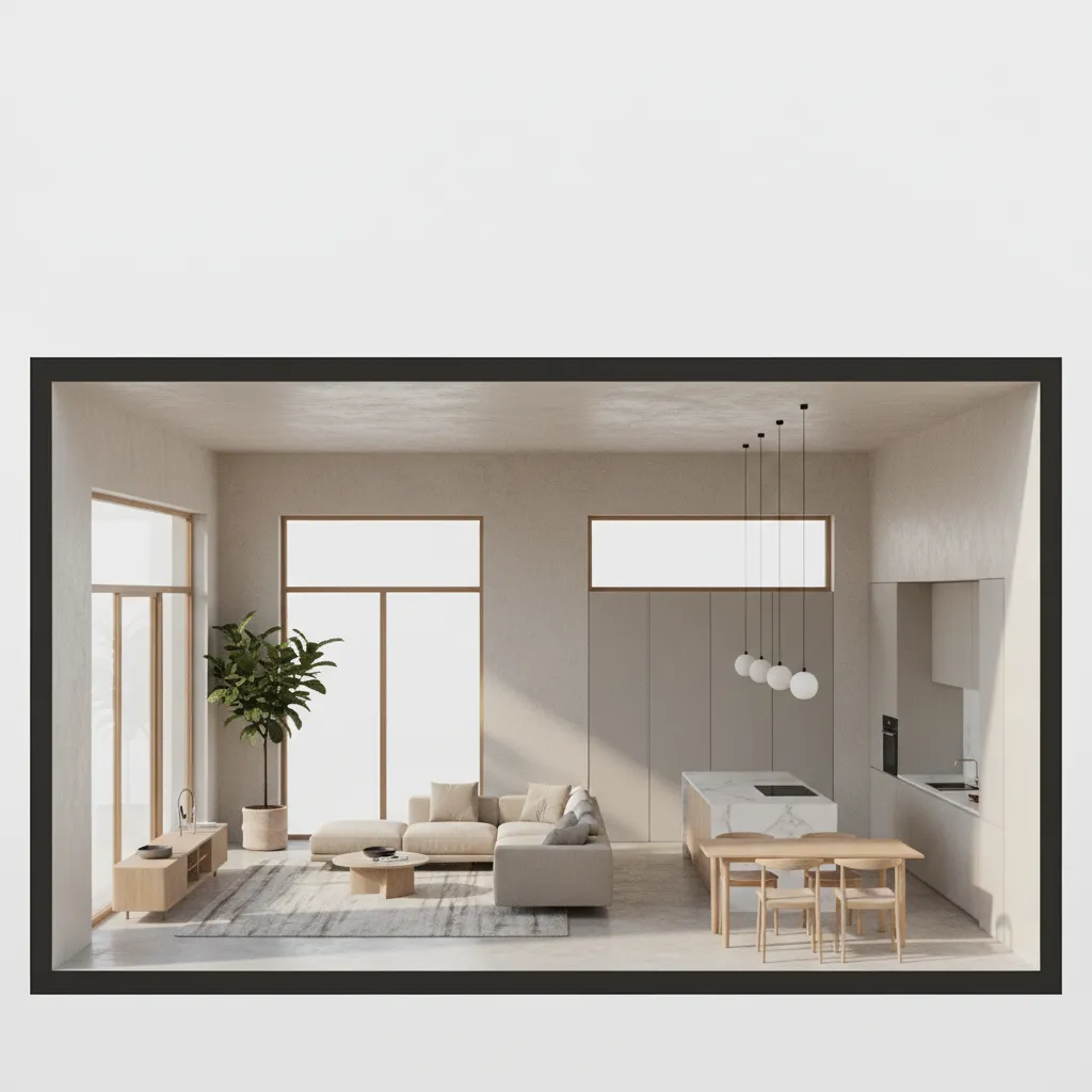 3D floor plan visualization showing sunlight entering rooms of a house layout