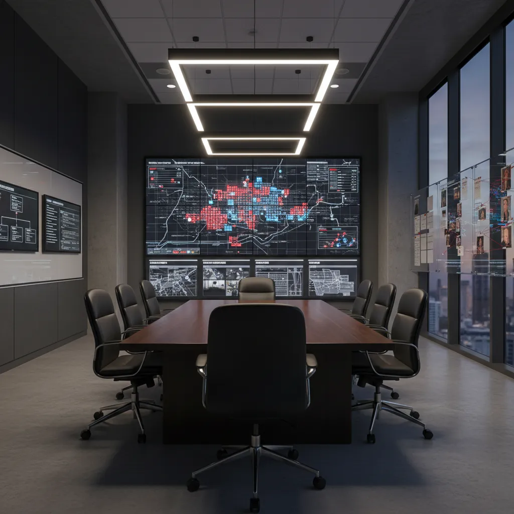 Specialized federal task force planning workspace with tactical briefing setup