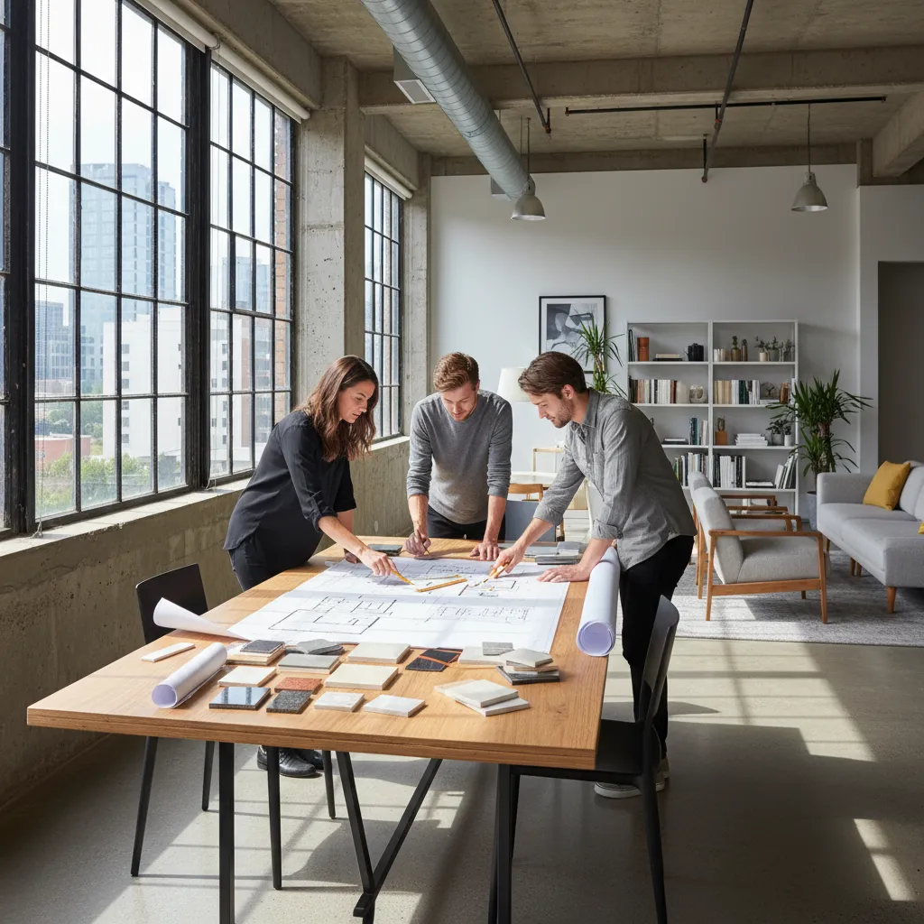 Diseñadores analizando planos de interiorismo