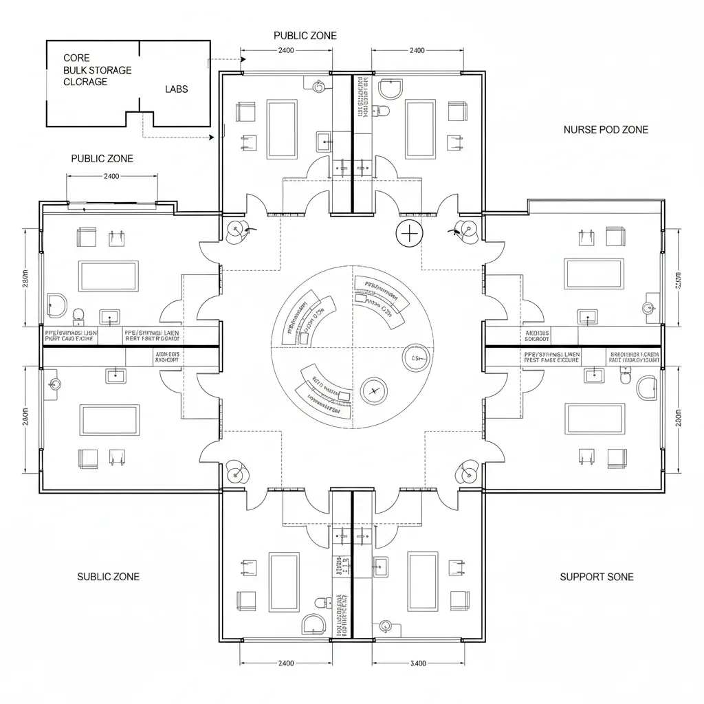 Detailed medical room layout with central circular nurse desk and six symmetrical private patient rooms