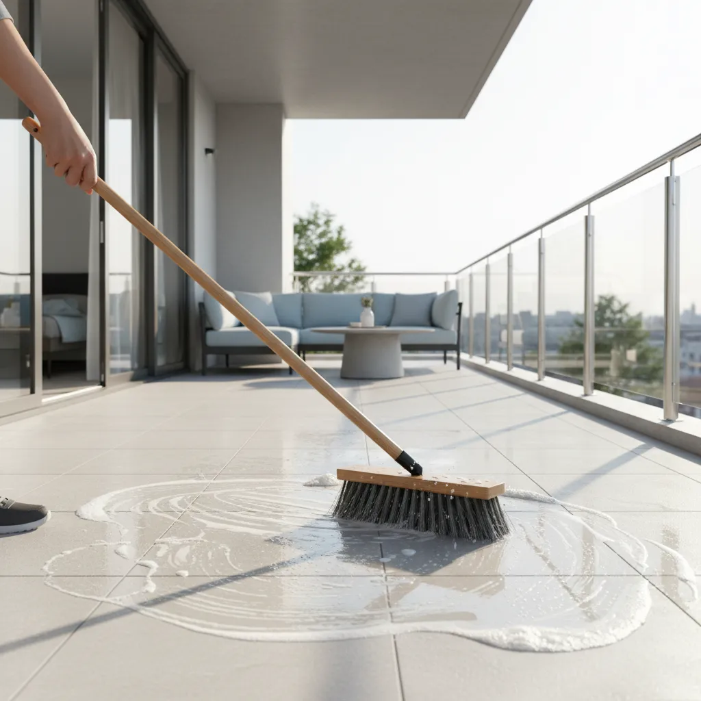 Long handle deck brush scrubbing an outdoor balcony floor surface
