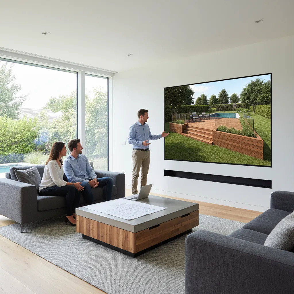 3D deck design visualization presented to homeowners during planning meeting