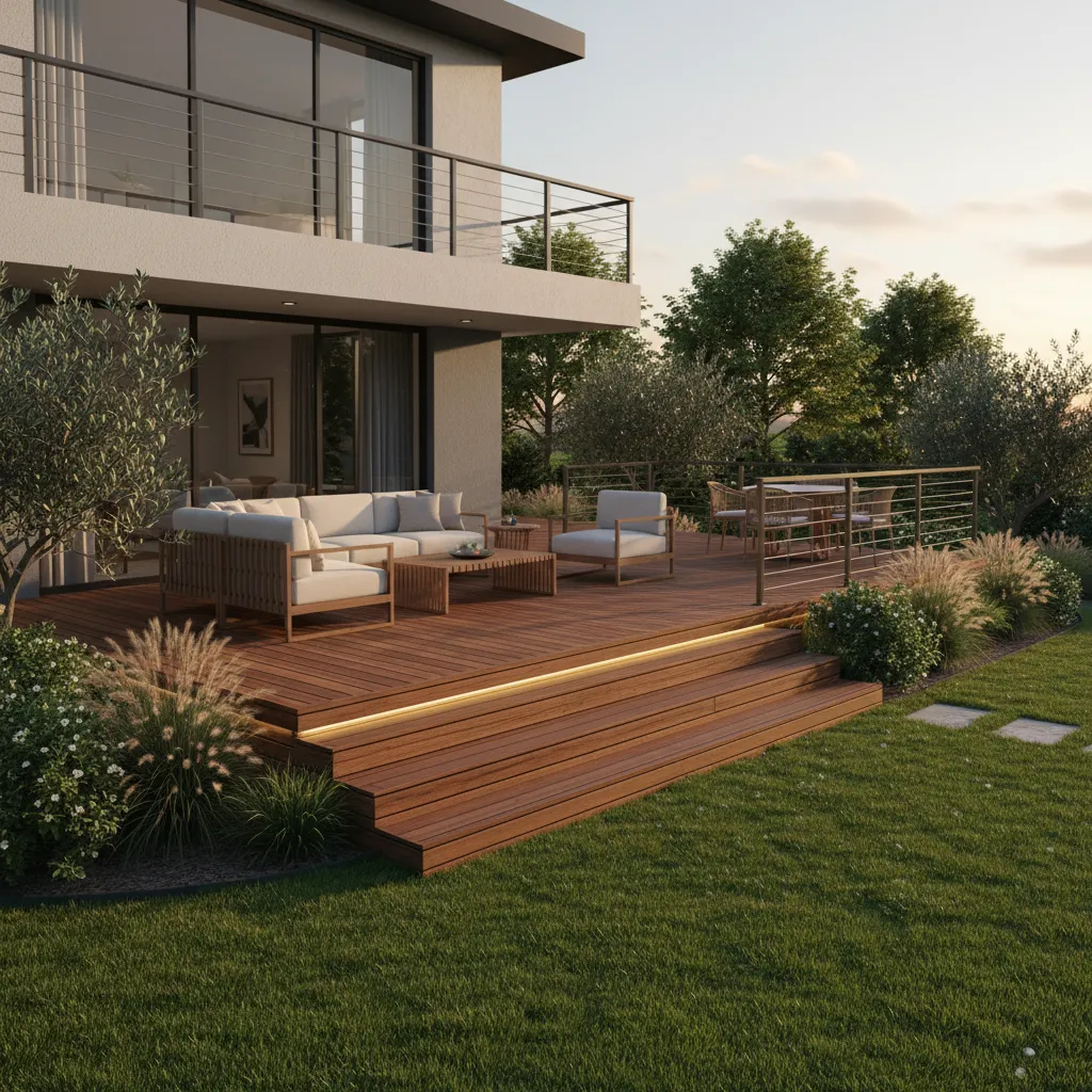 Finished 3D render of a backyard wooden deck design