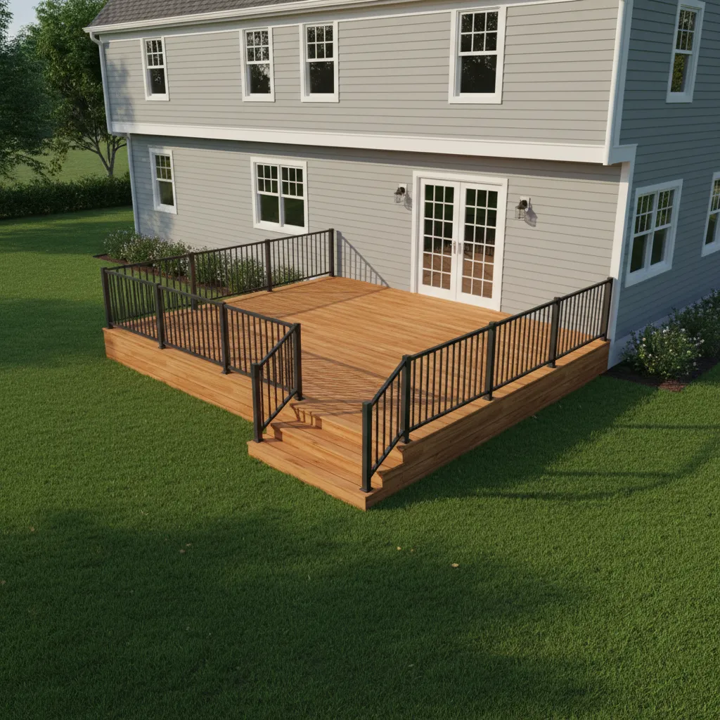 3d backyard deck design showing stair placement and railing layout