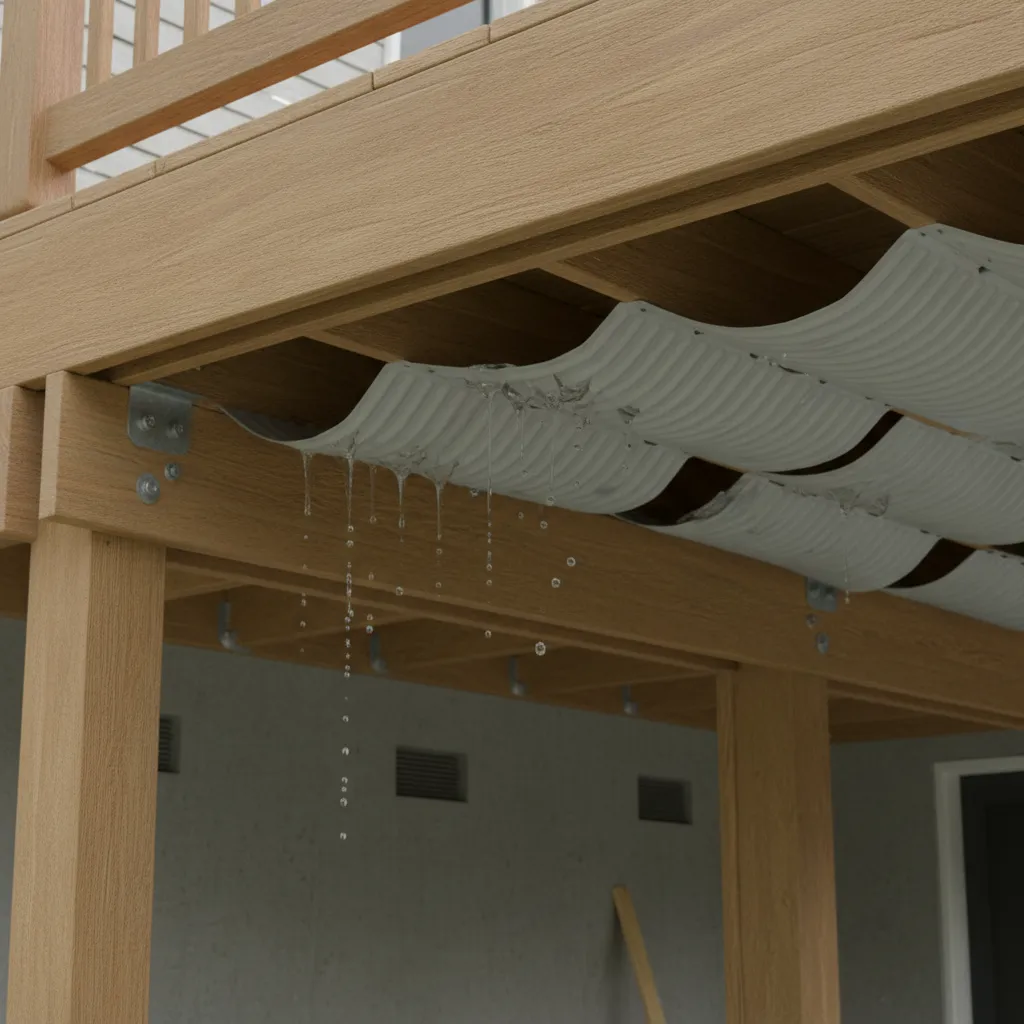 improperly sloped under deck drainage panels causing water pooling near house ledger board