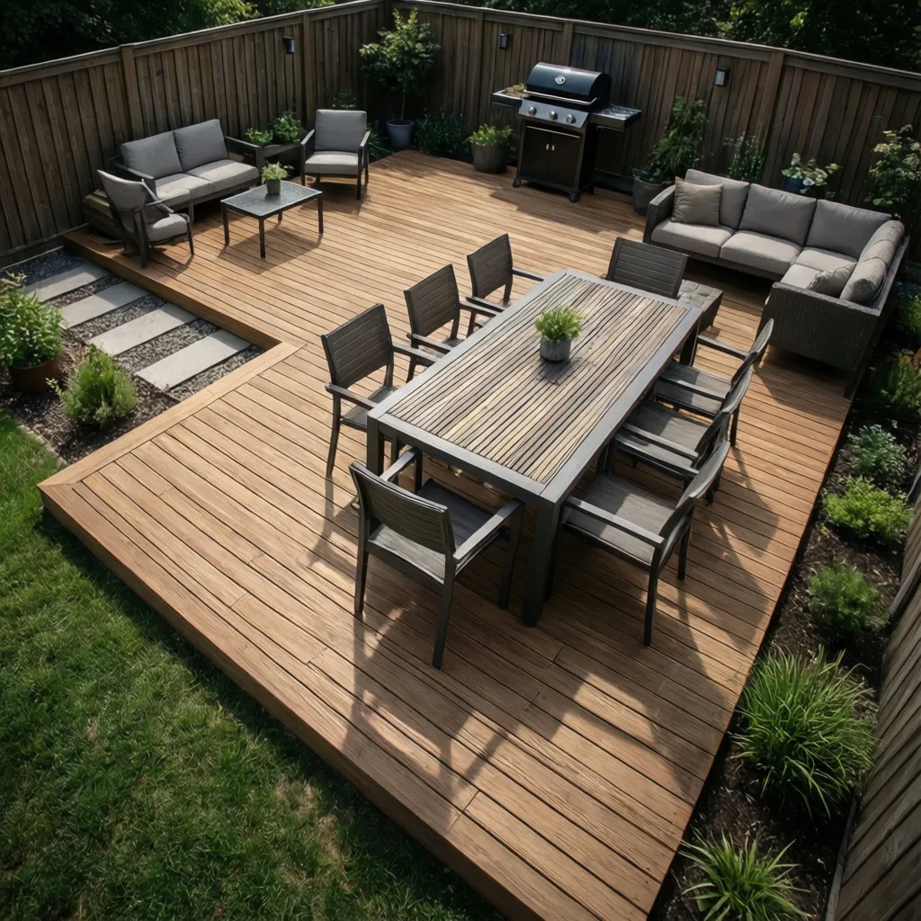 deck furniture layout showing dining table grill area and walking space planning