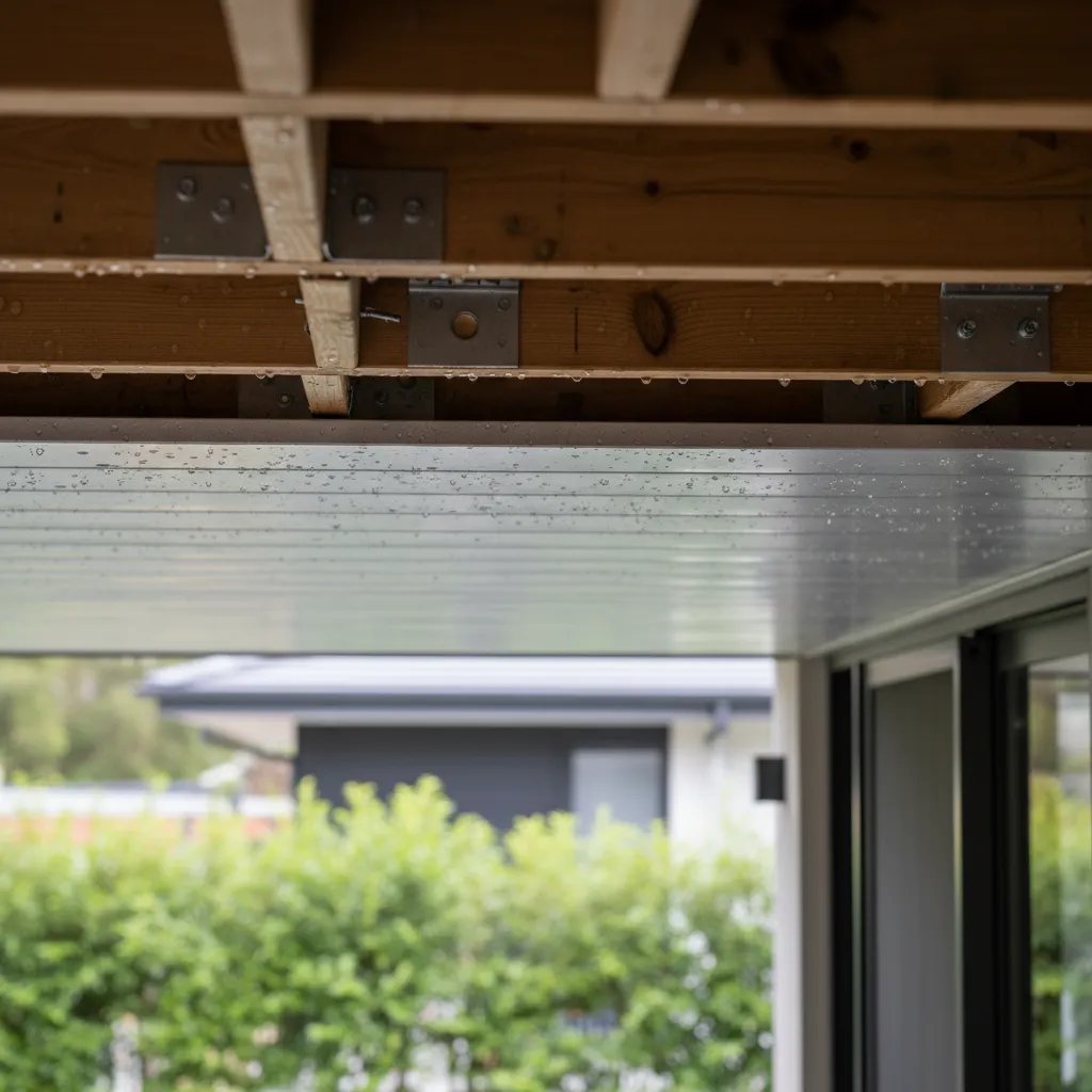 deck framing showing moisture buildup around joists under sealed ceiling system