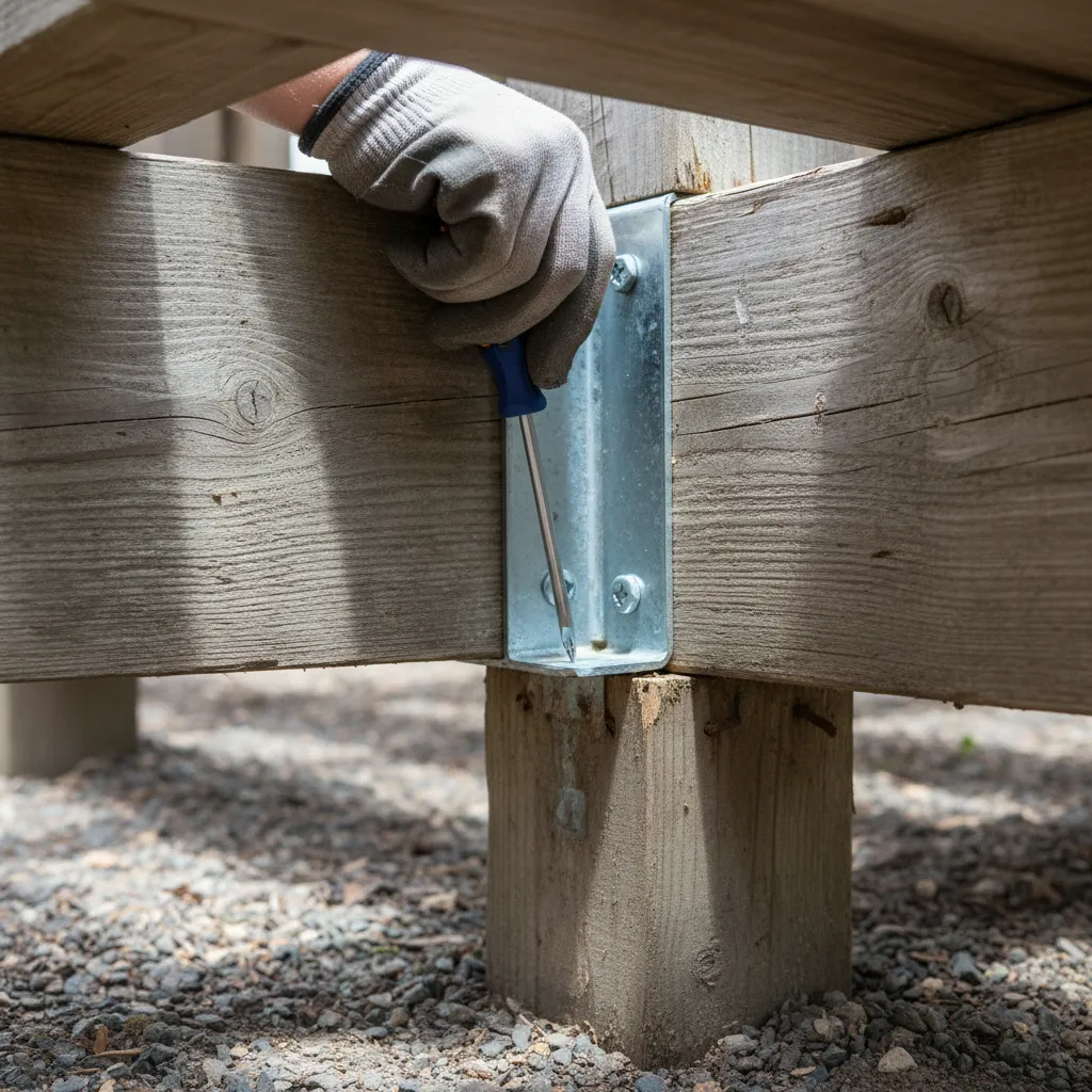 close up inspection of wooden deck joist checking for rot and moisture damage