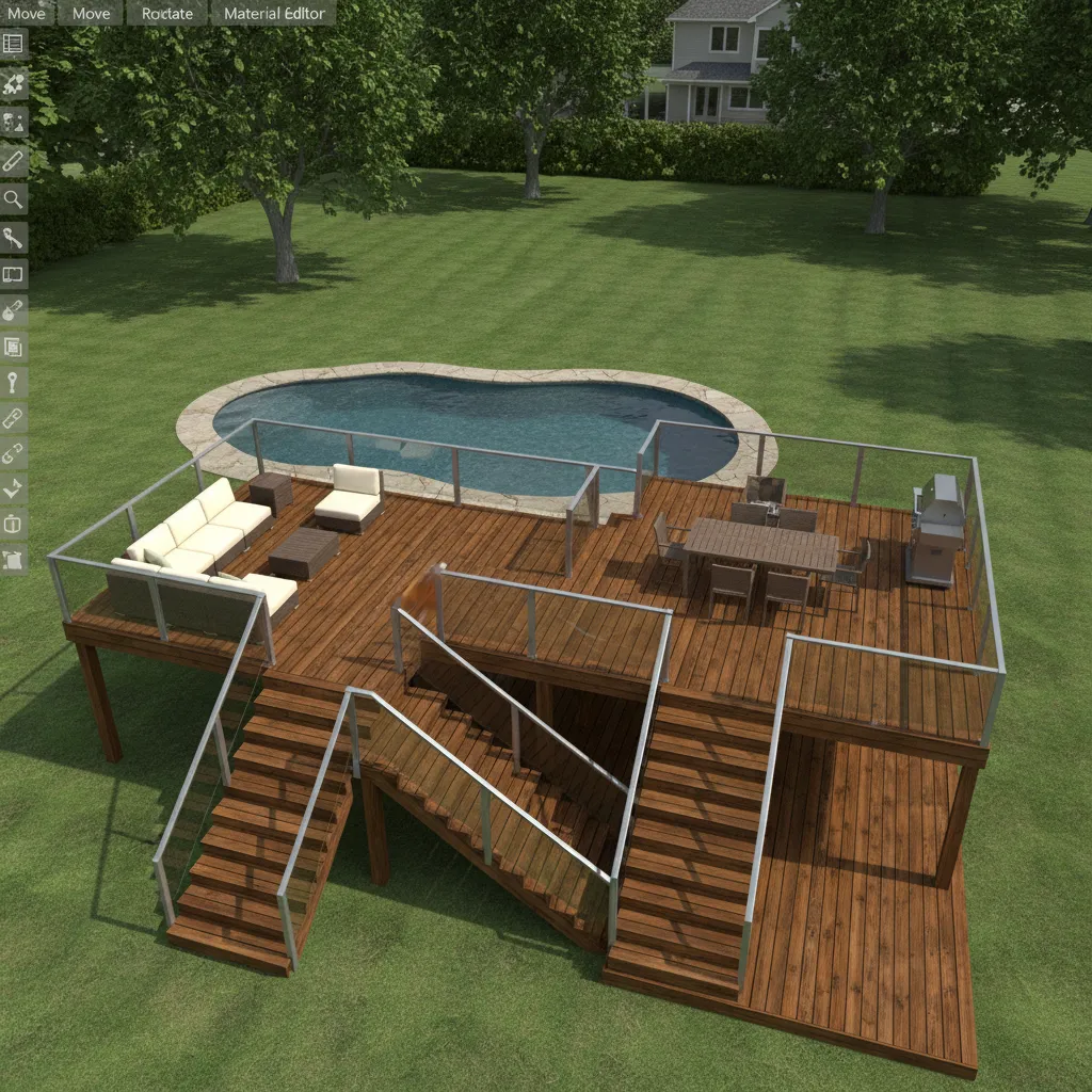 3D deck layout with multiple levels and stairs in planning software