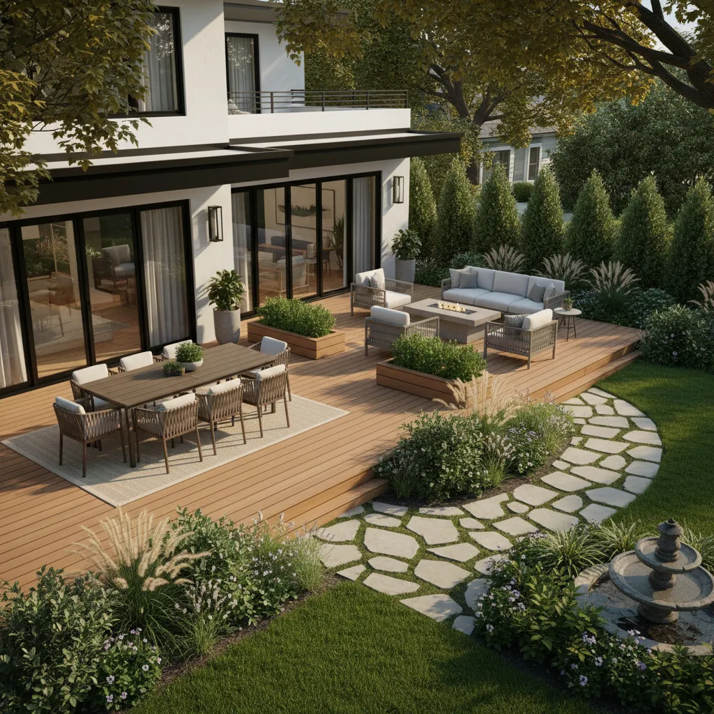 3D backyard deck layout with furniture zones and walking paths