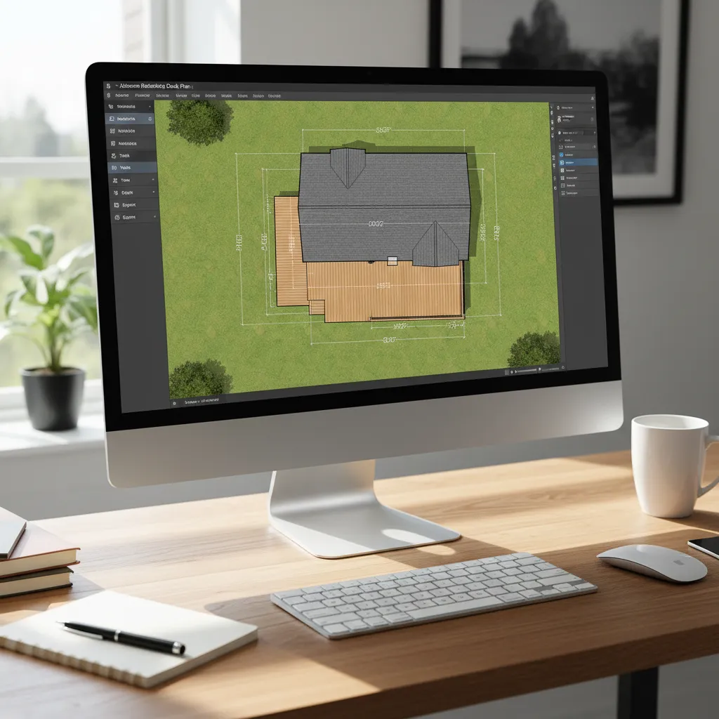 digital deck layout planning interface showing deck dimensions and backyard layout