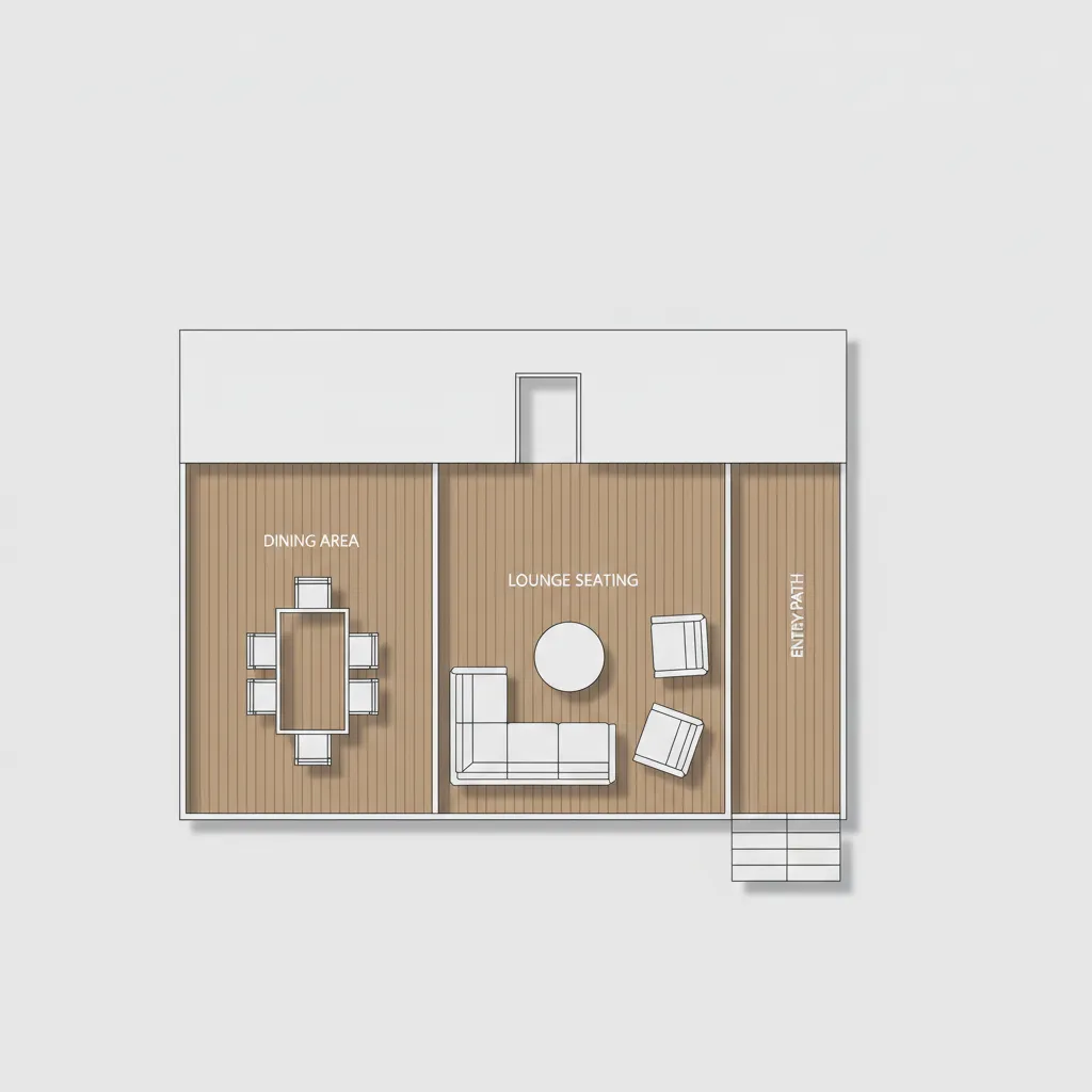 Deck layout plan showing seating, dining, and entry zones