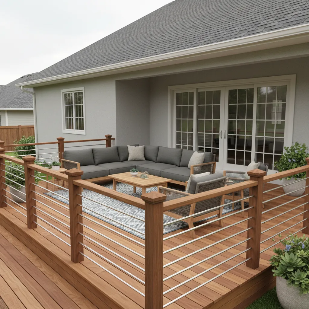 Residential deck with wooden floor and decorative railing system